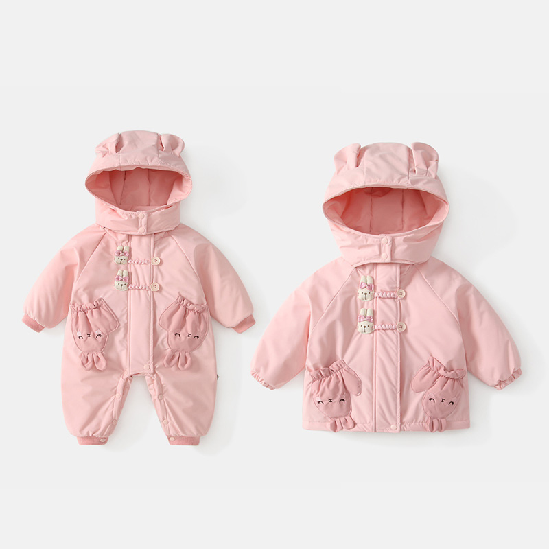 婴童姐妹装冬季连体衣夹棉加厚女宝宝可爱保暖防风外出棉服0-3岁