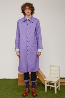 TMCOMM紫色长款大领口复古风衣 袖口拼接荷叶边长外套男