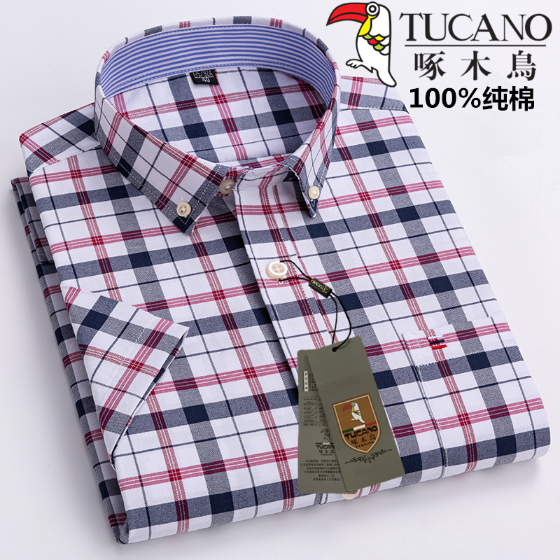 啄木鸟尖领短袖格子格子