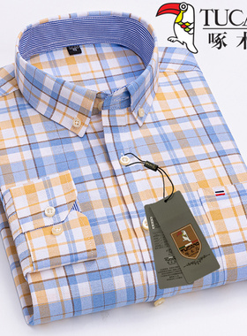 新款正品啄木鸟男士纯棉长袖衬衫格子全棉衬衣男士休闲上衣
