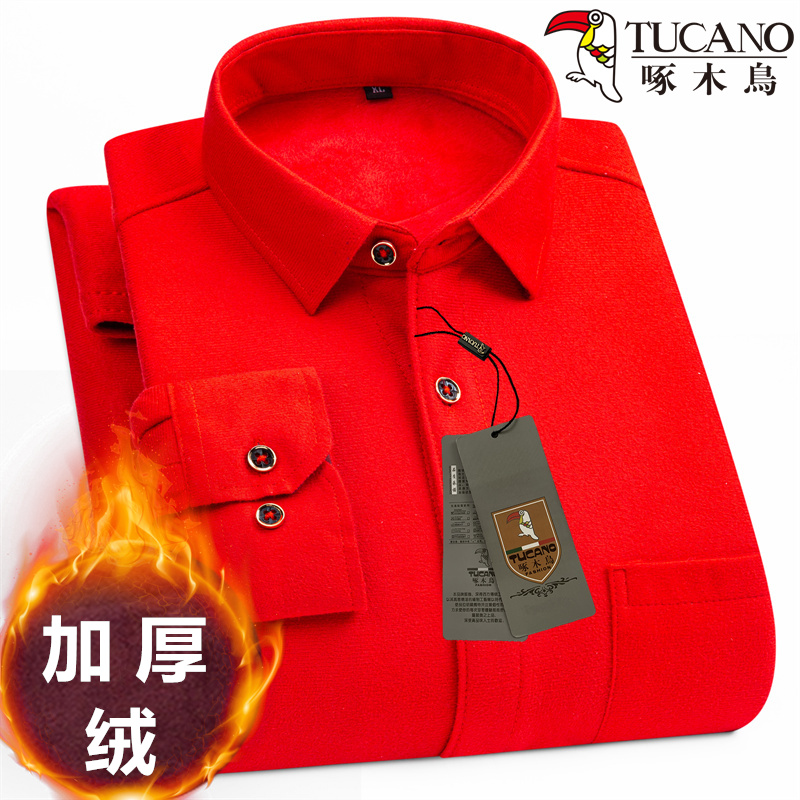 新款啄木鸟酒红长袖加绒加厚上衣加大码印花大红保暖衬衫大号加肥