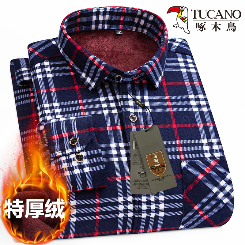 新款正品啄木鸟保暖衬衫大号衬衣加肥长袖印花加绒加厚加大码格子