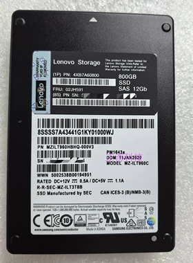 联想 800G PM1645A MZILT960HBHQ-000V3 4XB7A60800 02JH591 硬盘