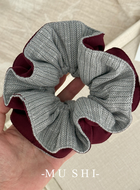 【木石有言】韩系复古酒红色包边针织灰色大肠发圈褶皱花边扎头绳