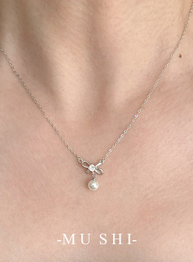 蝴蝶结珍珠吊坠项链s925纯银