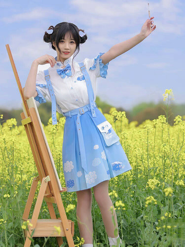 140 池夏原创设计倦云悠悠甜美可爱小清新蓝色系穿搭套撞3件套M码