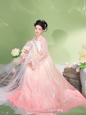 114 九袂桃花影汉服两件套套装粉色上衣+齐胸裙M码