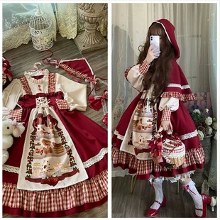 023新年战袍洛丽塔公主裙Lolita裙子小红帽红色拜年过年COS服装