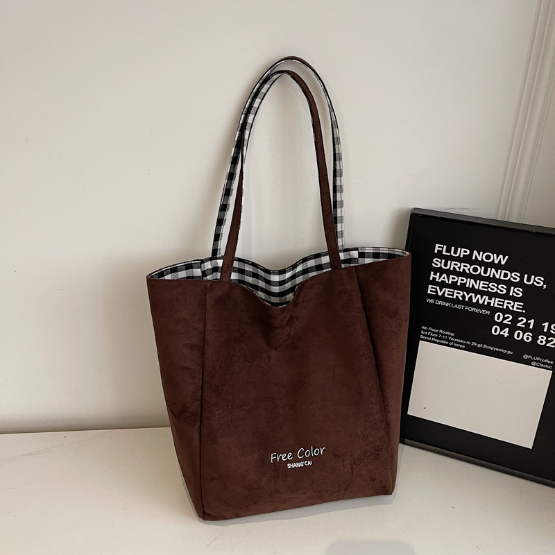 韩系风复古格子帆布手提托特包