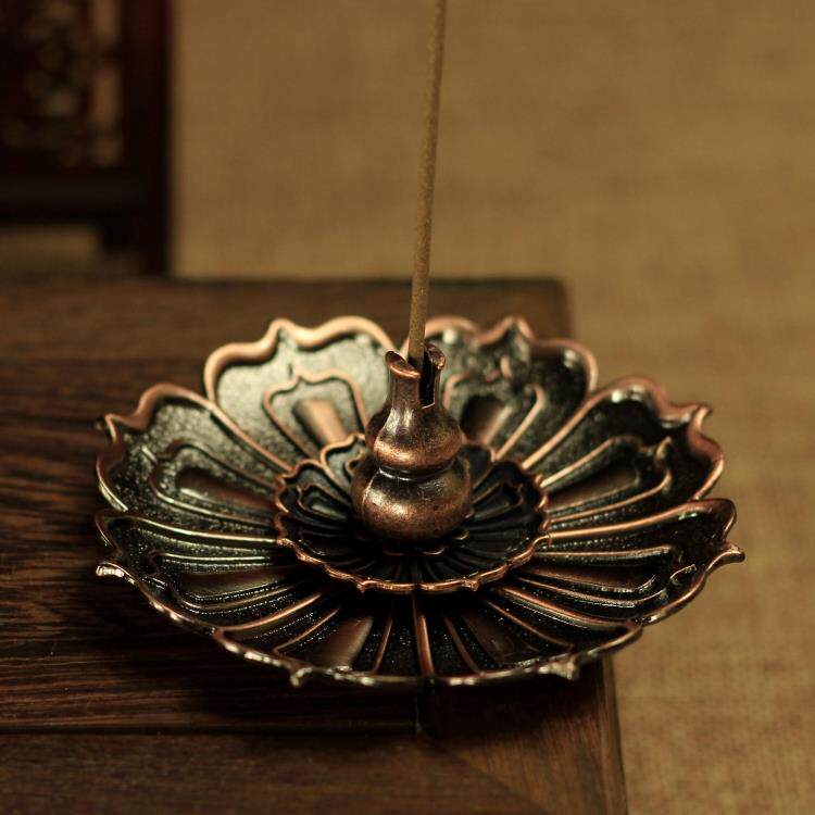 纯铜葫芦香座檀香炉 莲花底座香插香托 创意盘香线香盒家用佛具