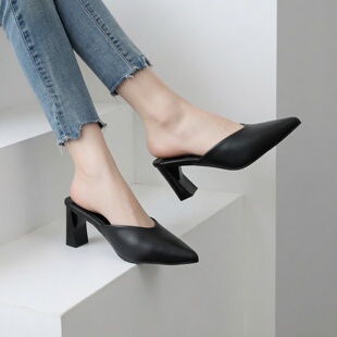 气质粗跟半拖百搭试衣高跟鞋 时尚 春季 女外穿2026新款 尖头包头拖鞋