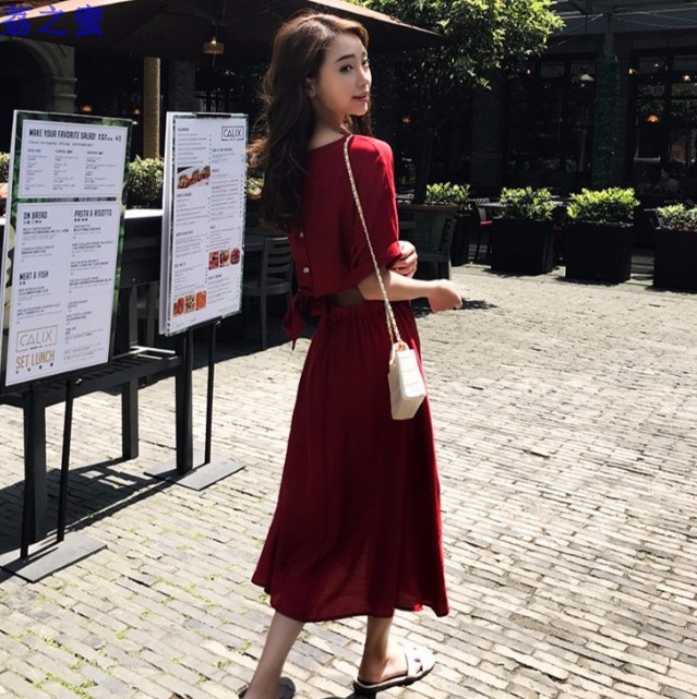 潮款后背镂空系带排扣酒红色连衣裙圆领五分袖中长连身裙BY08027