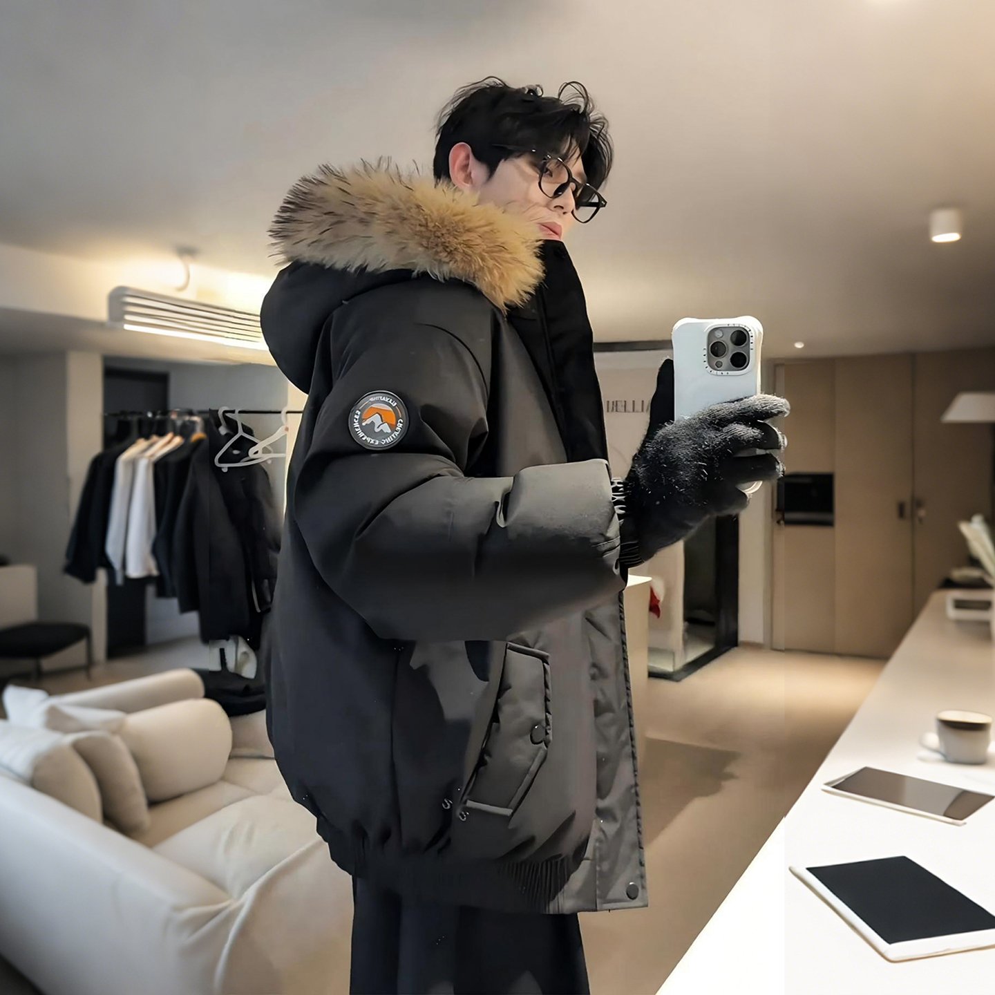 黑色美式连帽羽绒服男款冬季大毛领派克服工装棉服廓形雪地棉衣袄