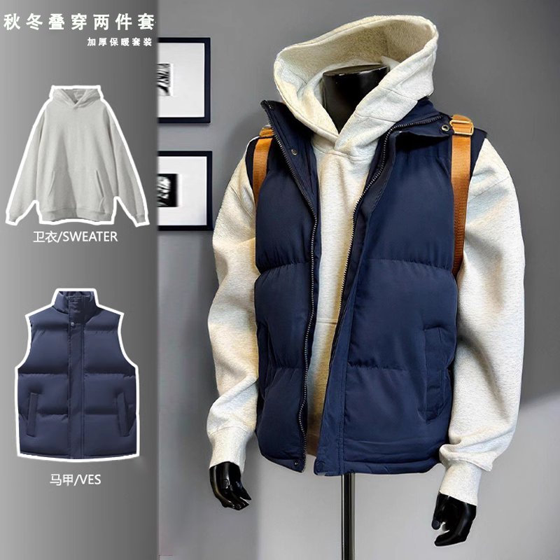 藏青色美式羽绒马甲男叠穿搭配两件套外穿无袖背心立领棉坎肩外套