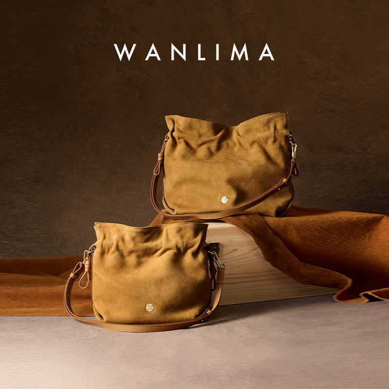 万里马羊反绒棕色抽绳设计通勤女包水桶形云朵包单肩斜挎腋下包,箱包皮具/热销女包/男包,托特包,淘宝优惠券,粉丝福利购,淘宝优惠卷