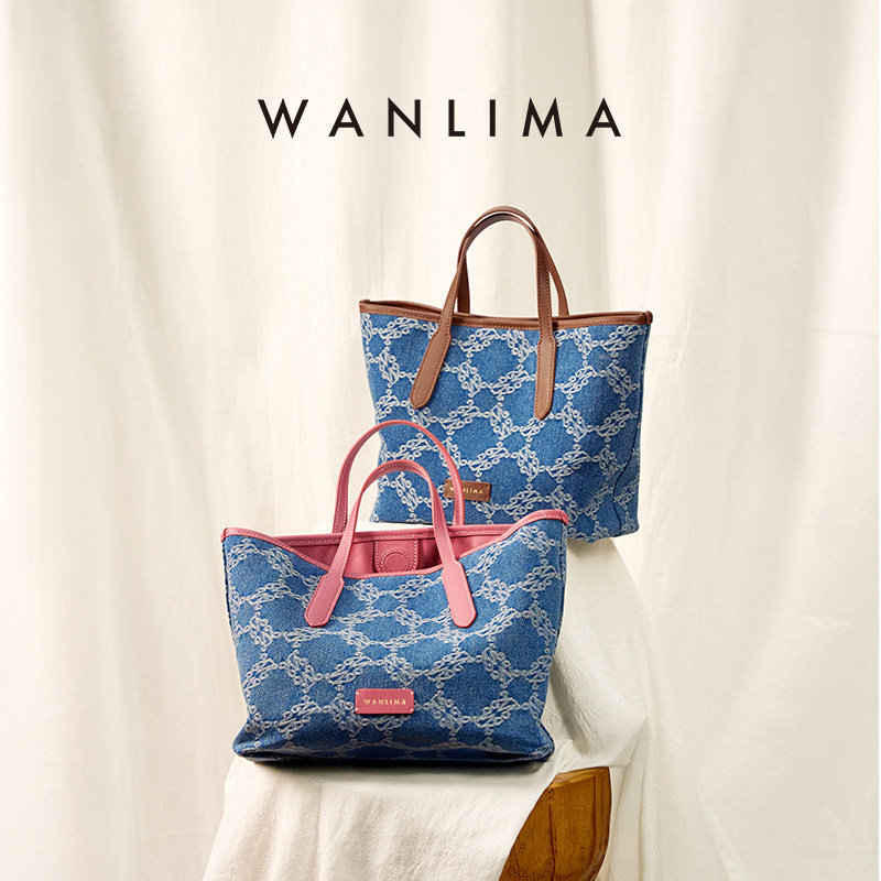 万里马新款老花包丹宁牛仔软包时尚通勤单肩手提包复古托特包女,箱包皮具/热销女包/男包,托特包,淘宝优惠券,粉丝福利购,淘宝优惠卷