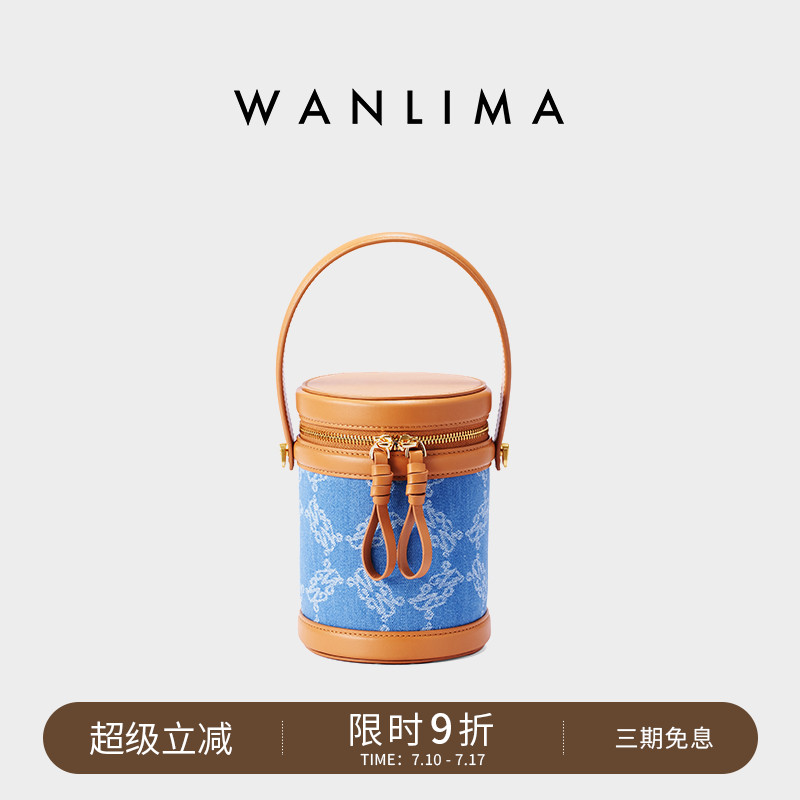 万里马圆筒单肩斜挎手提丹宁牛仔通勤手机包水桶包化妆包外出便携