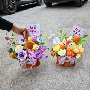 手提花篮小清新编织向日葵玫瑰毛线花束送妈妈闺蜜女朋友生日礼物