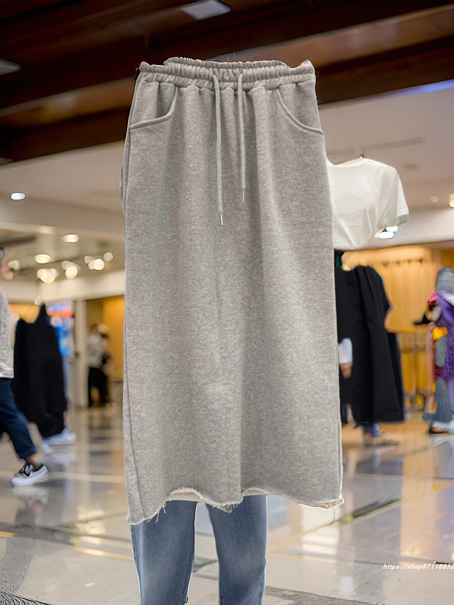 抽绳开叉半身裙女大码新东大门高腰显瘦运动直筒个半裙中长款裙子