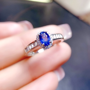 蓝宝石戒指女士活口戒子椭圆形戒子S925银镶嵌墨蓝时尚轻奢简约款