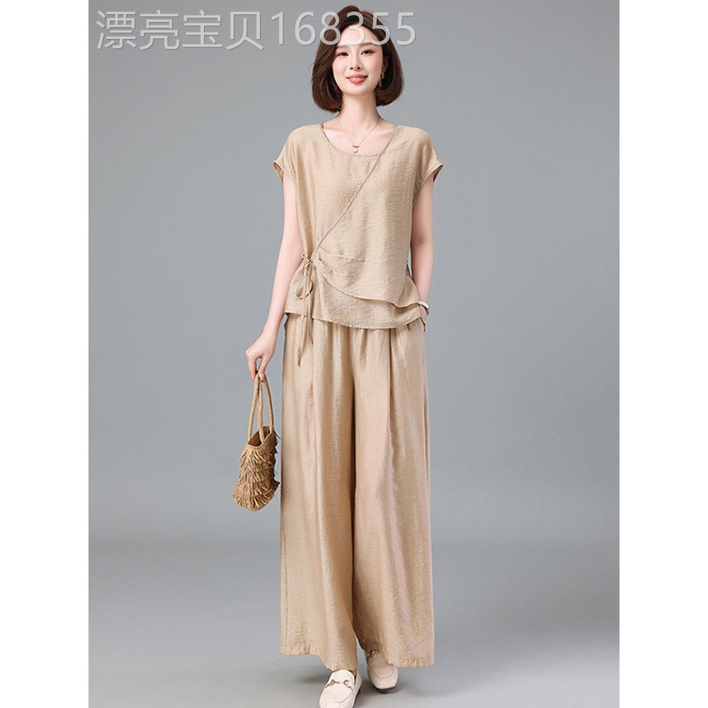 潮牌时尚短袖棉麻套装女2026夏季亚麻休闲圆领上衣阔腿裤子两件套