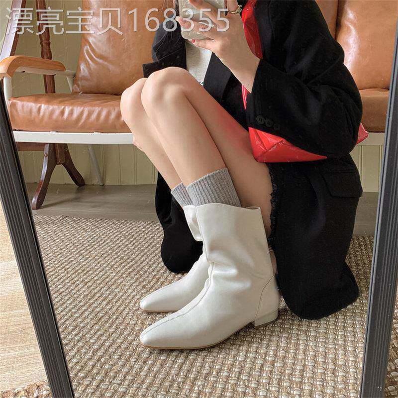 酷~小众设计!ins慵懒法式平底绵羊皮短靴女新款大筒靴显瘦时装靴