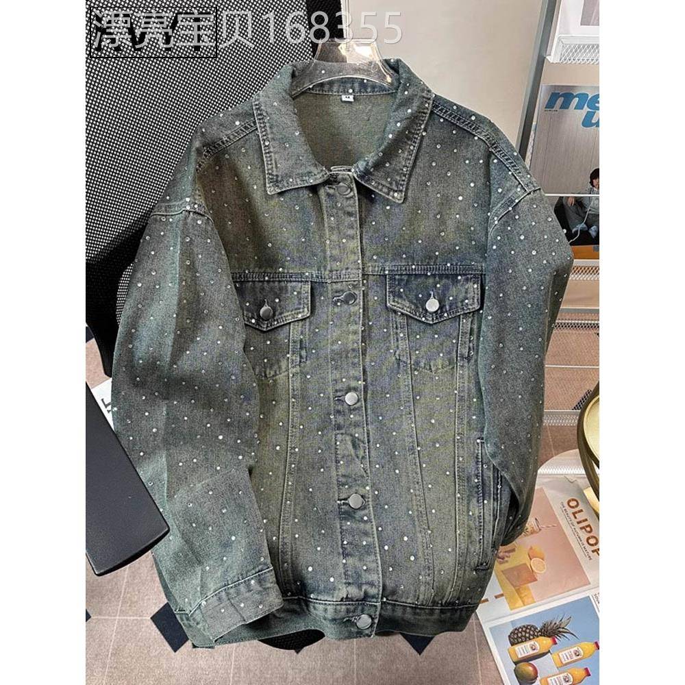 高端烫钻牛仔外套男春季潮牌高级感覆古做旧上衣宽松百搭情侣夹克