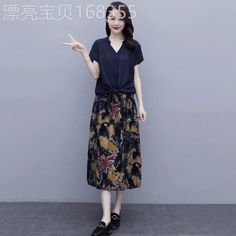 潮牌大码胖MM连衣裙棉麻套装女夏季宽松中年妈妈半身裙亚麻两件套