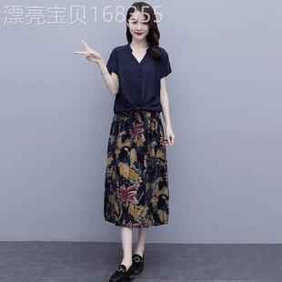 潮牌大码胖MM连衣裙棉麻套装女夏季宽松中年妈妈半身裙亚麻两件套