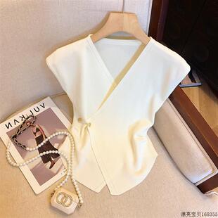女夏季 4吋套筒扳手袖 新款 百搭1 时尚 高档轻奢不规则交叉V领针织衫