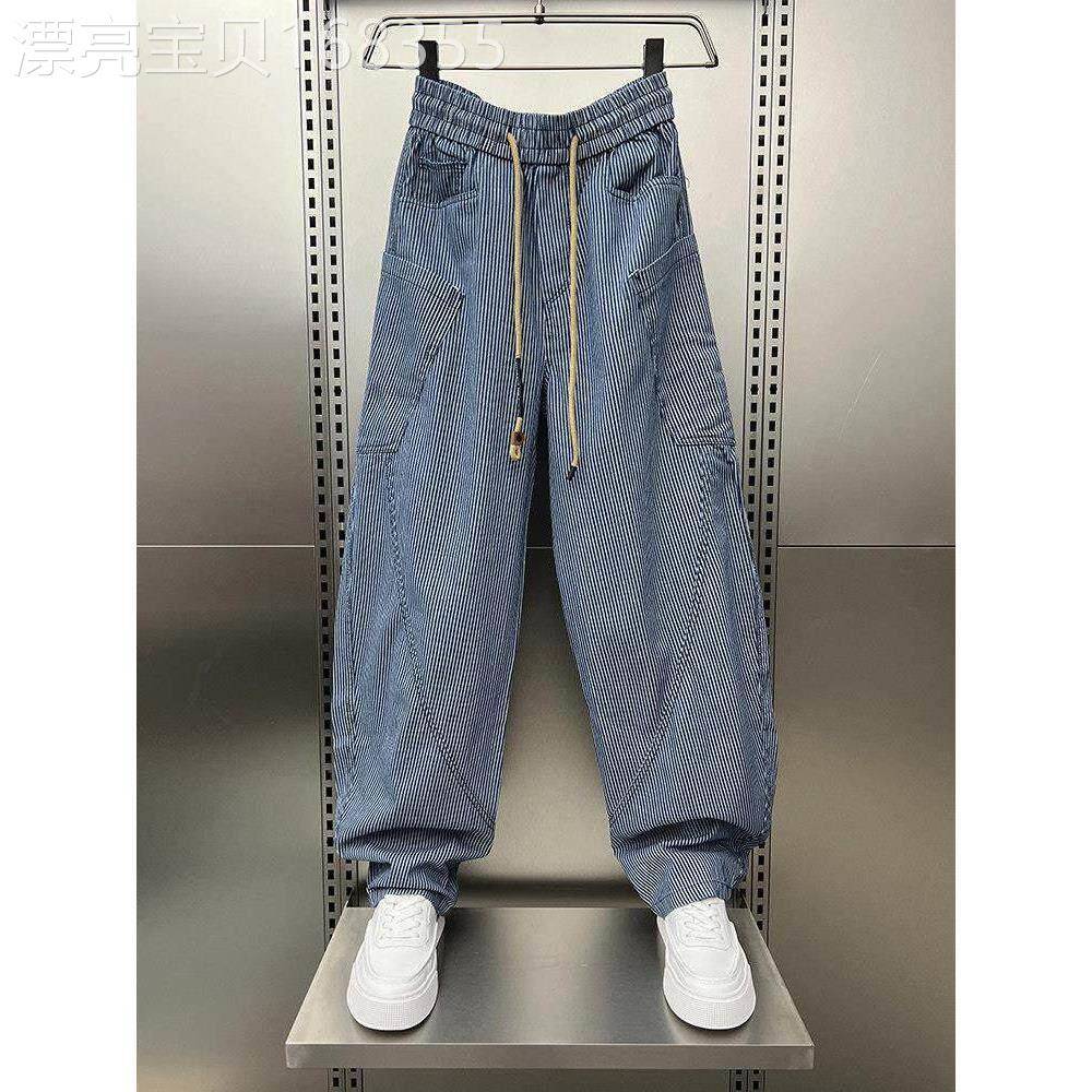 潮牌宽松条纹痞帅阔腿弯刀裤男夏季新款潮流美式百搭休闲工作服长