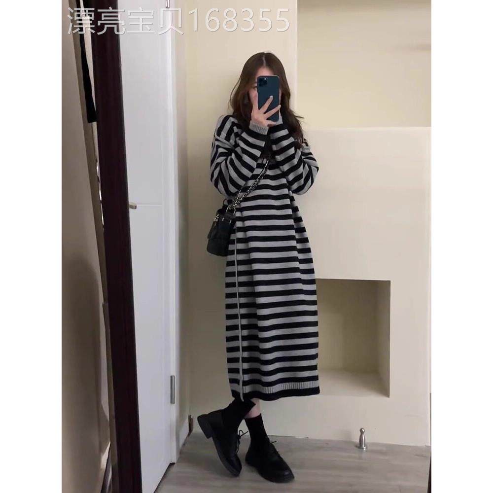 欧洲站秋冬新款休闲条纹针织连衣裙女士慵懒风格过膝包肉毛衣长裙