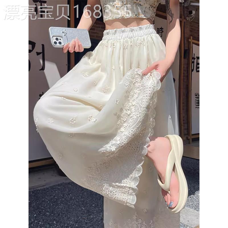 白色高腰蕾丝刺绣阔腿裤女夏季欧货宽松显瘦垂感休闲裤百搭裙裤子