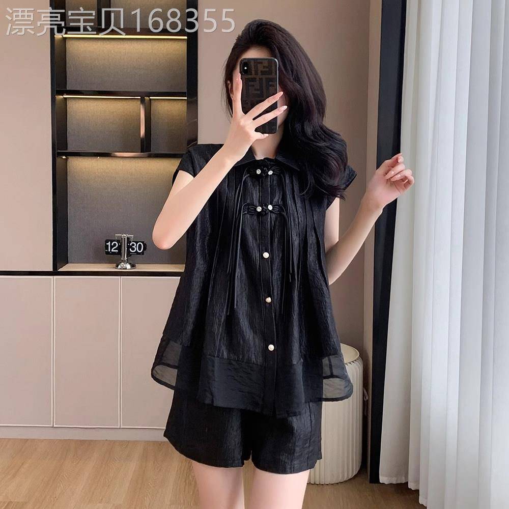 夏季套装女士2026新款小个子大尺码无袖衬衫短裤休闲时尚洋派两件