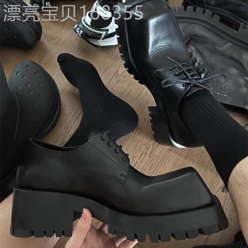 【高品质】大翘头方头小众皮鞋女巴黎厚底增高跟德比鞋发型师男鞋