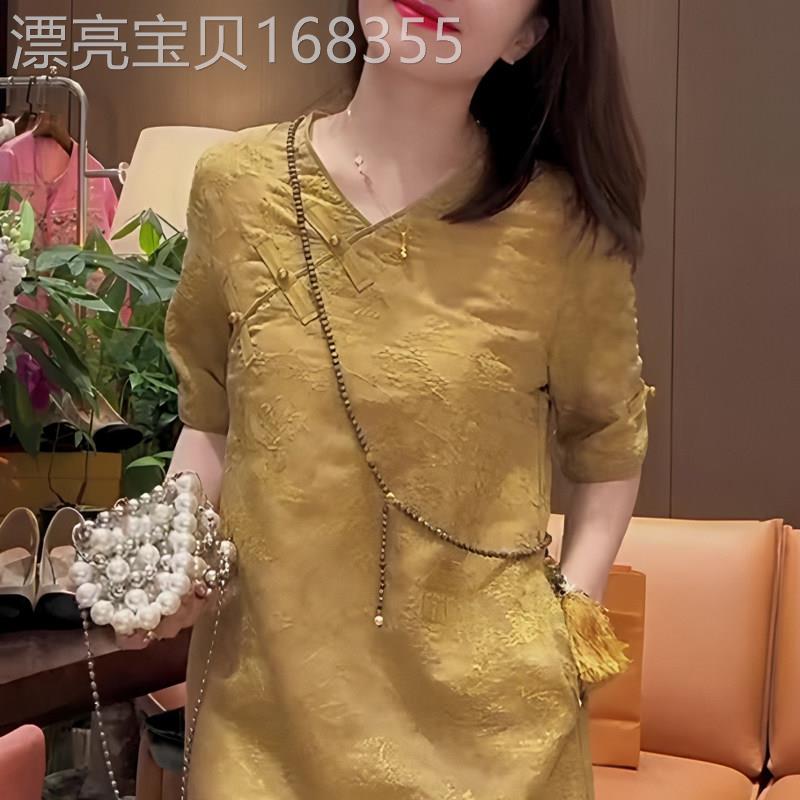 复古金色五分袖洋装女2026年夏季新款洋派盘扣别致显白气质裙子