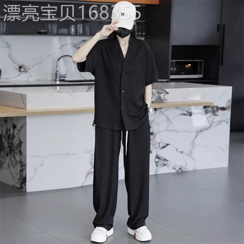 潮牌冰丝休闲套装男士夏季2025新款高级感V领短袖衬衫长裤两件套