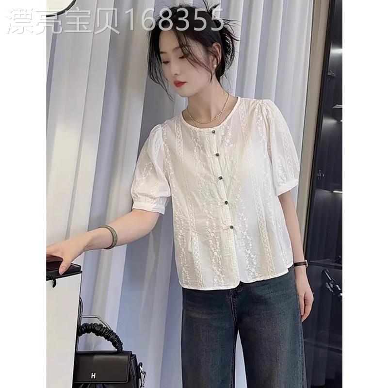新中式短袖衬衫女夏季薄款2026新款文艺复古刺绣气质显瘦白色上衣