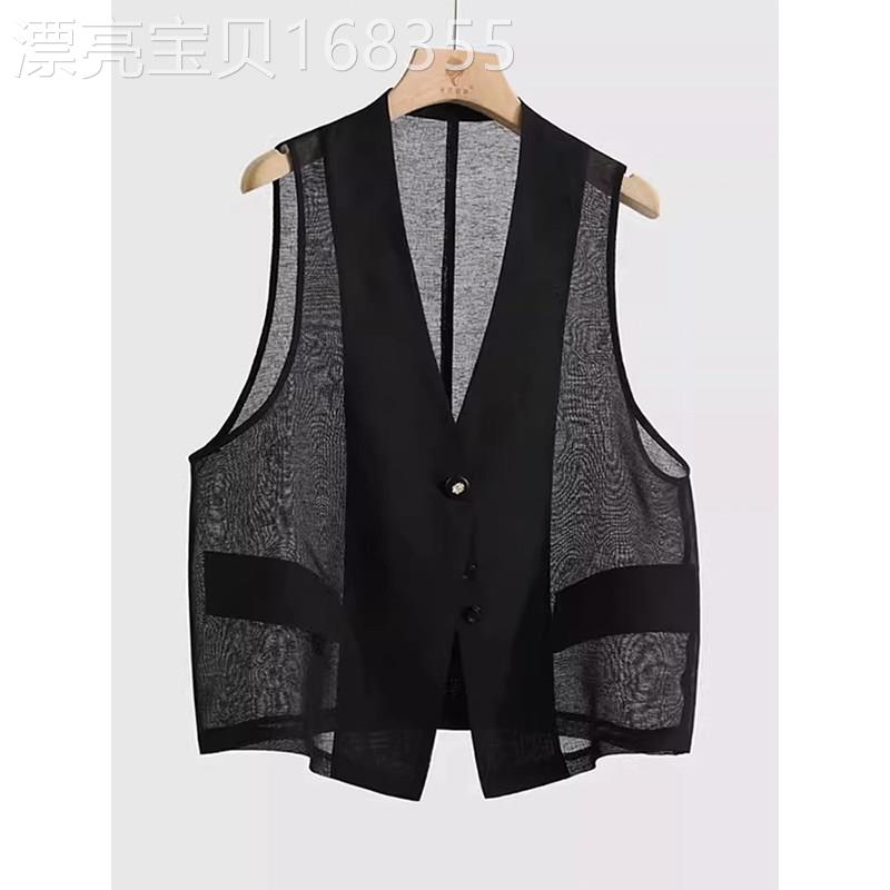 黑色V领纽扣马甲女夏季欧货舒适百搭款外穿叠穿背心薄款洋气上衣
