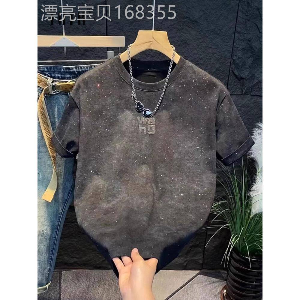 短袖t恤男士夏季满天星复古印花圆领体恤潮牌宽松大码休闲上衣服