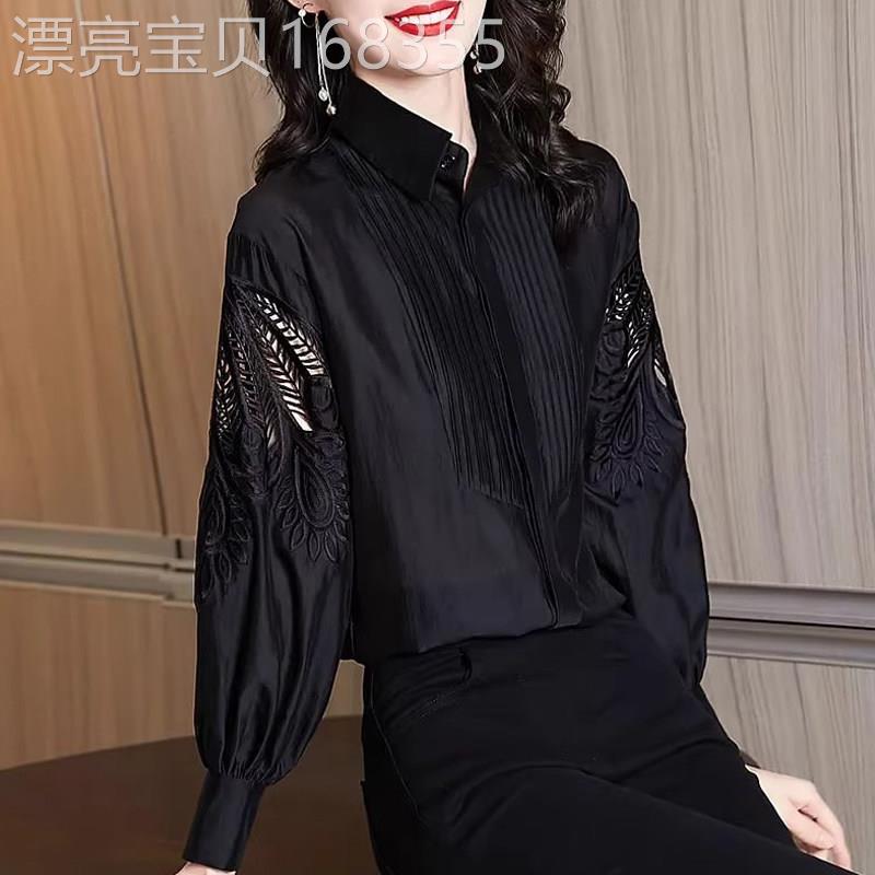 翻领高级感雪纺衬衫女春秋2026欧货新款镂空别致休闲宽松长袖上衣