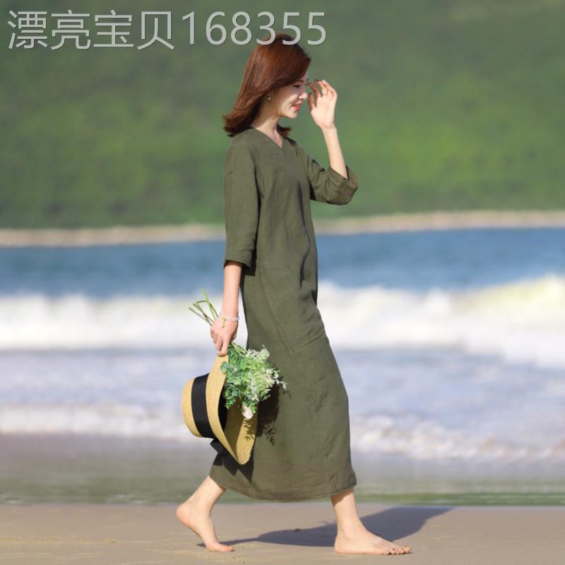 香港大尺码女装夏季亚麻V领五分袖中长裙时尚棉麻文艺覆古洋装潮