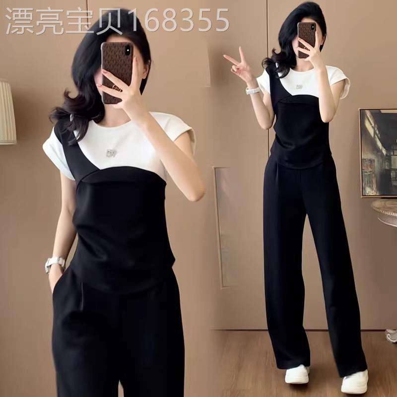 黑白拼色假两件短袖休闲运动套装女2026夏季显瘦减龄阔腿裤两件套