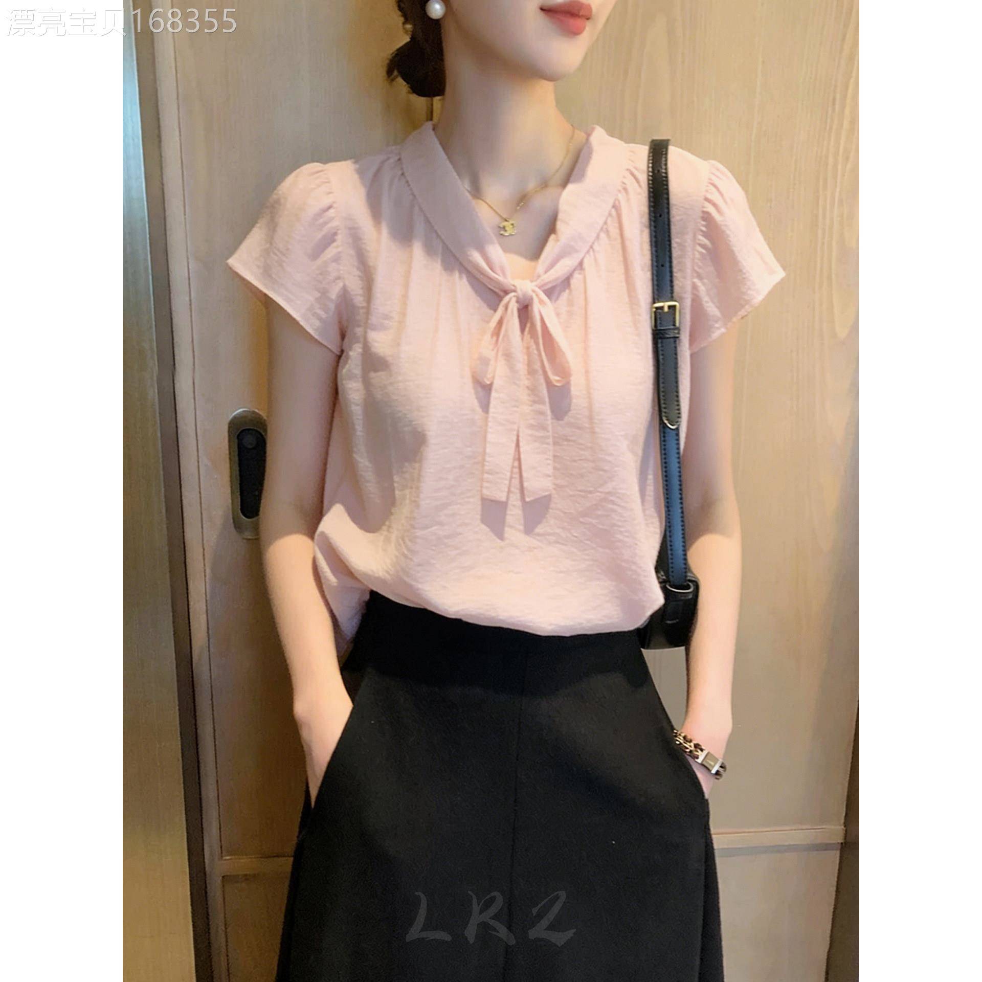 粉色短袖衬衫女夏季新款设计感小众法高级感系带设计感套头上衣女