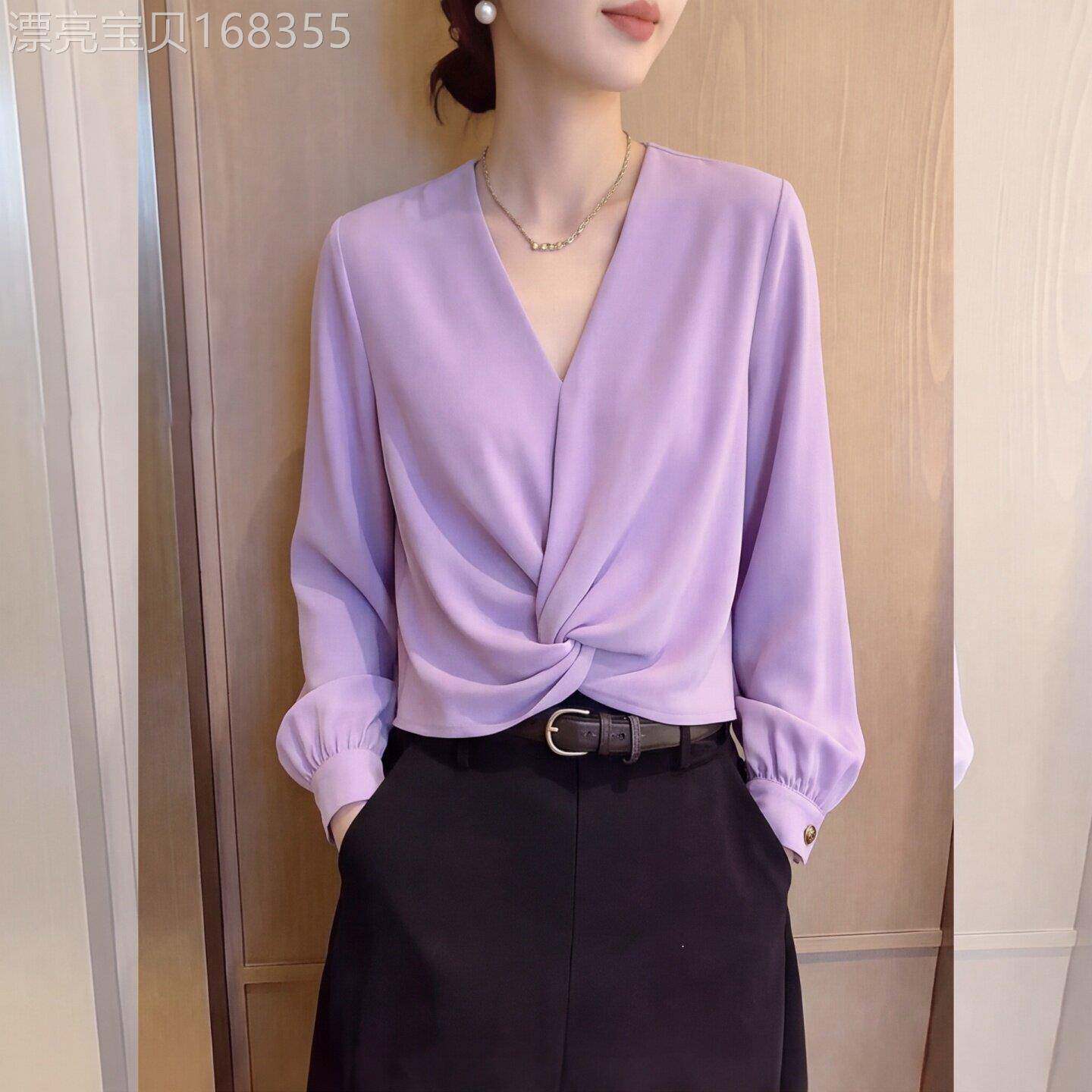 简约风V领扭结衬衫女长袖时髦洋气超好看紫色通勤高级感显瘦上衣