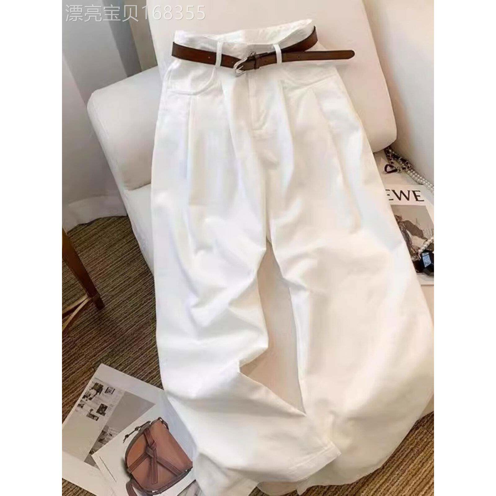 白色褶皱牛仔裤女春秋季欧货新款高腰直筒宽松长裤休闲百搭阔腿裤