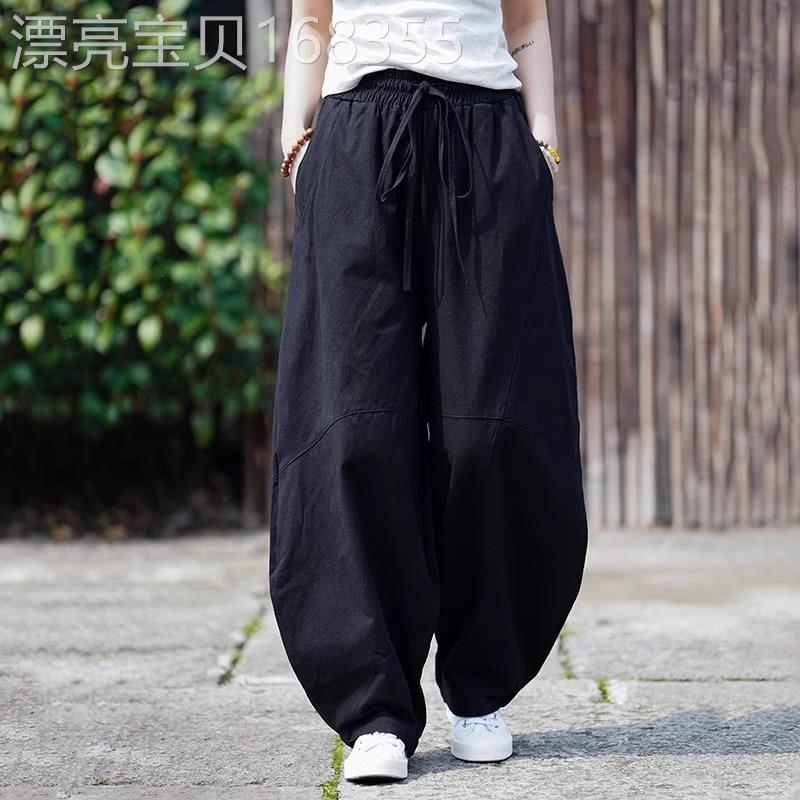 潮牌亚麻棉麻弯刀裤男夏季2026新款宽松大尺码束脚灯笼裤纯色休闲
