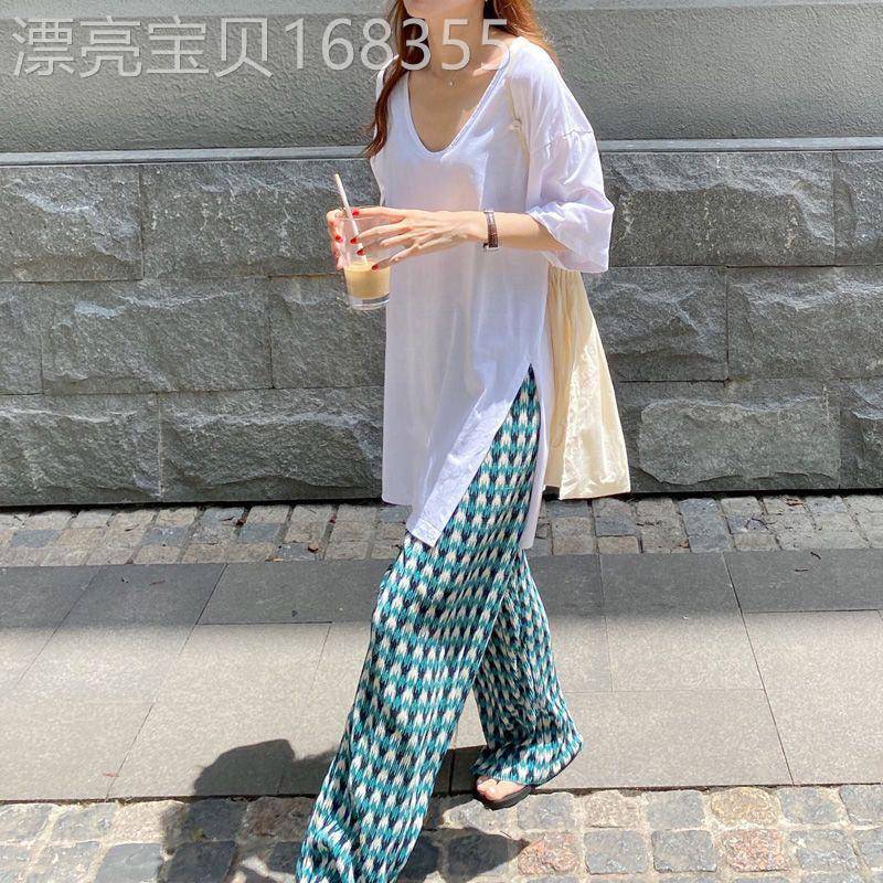 中长版白色短袖T恤女夏2025新款宽松显瘦遮屁股侧开 叉V领T恤上衣