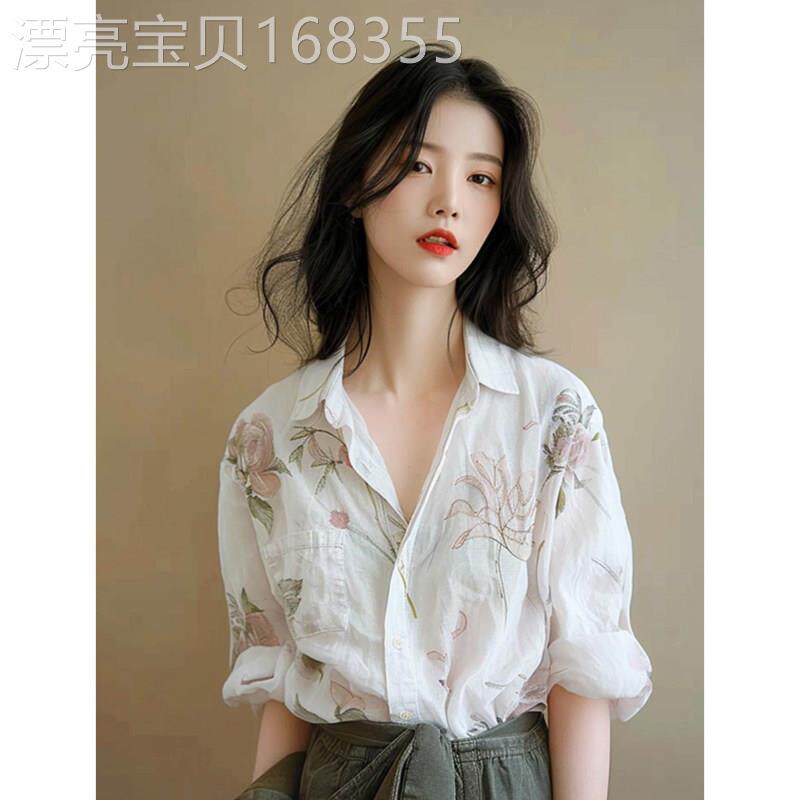 亚麻白色衬衫女春秋季欧货漂亮印花棉麻衬衣小个子polo领长袖上衣