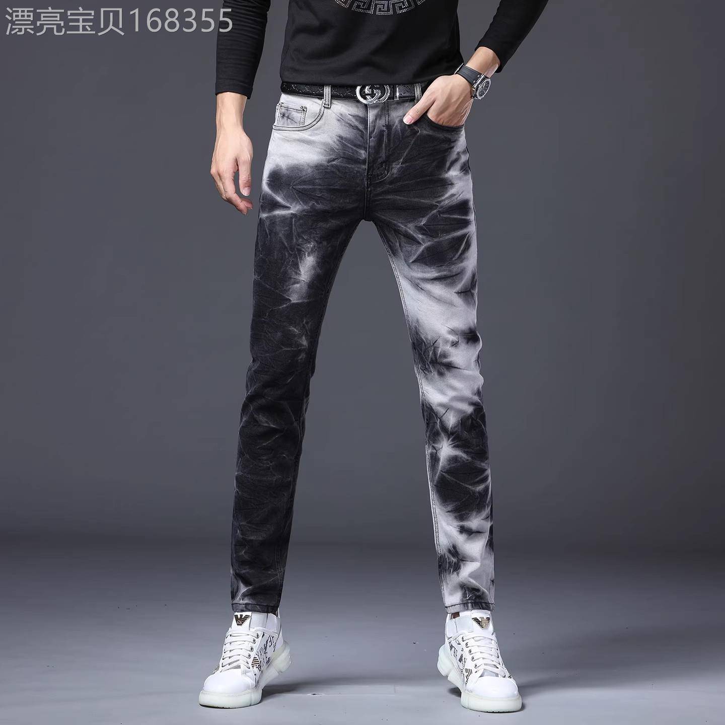 香港高端花纹春秋百搭弹力男牛仔裤修身印花潮牌休闲黑白色长裤